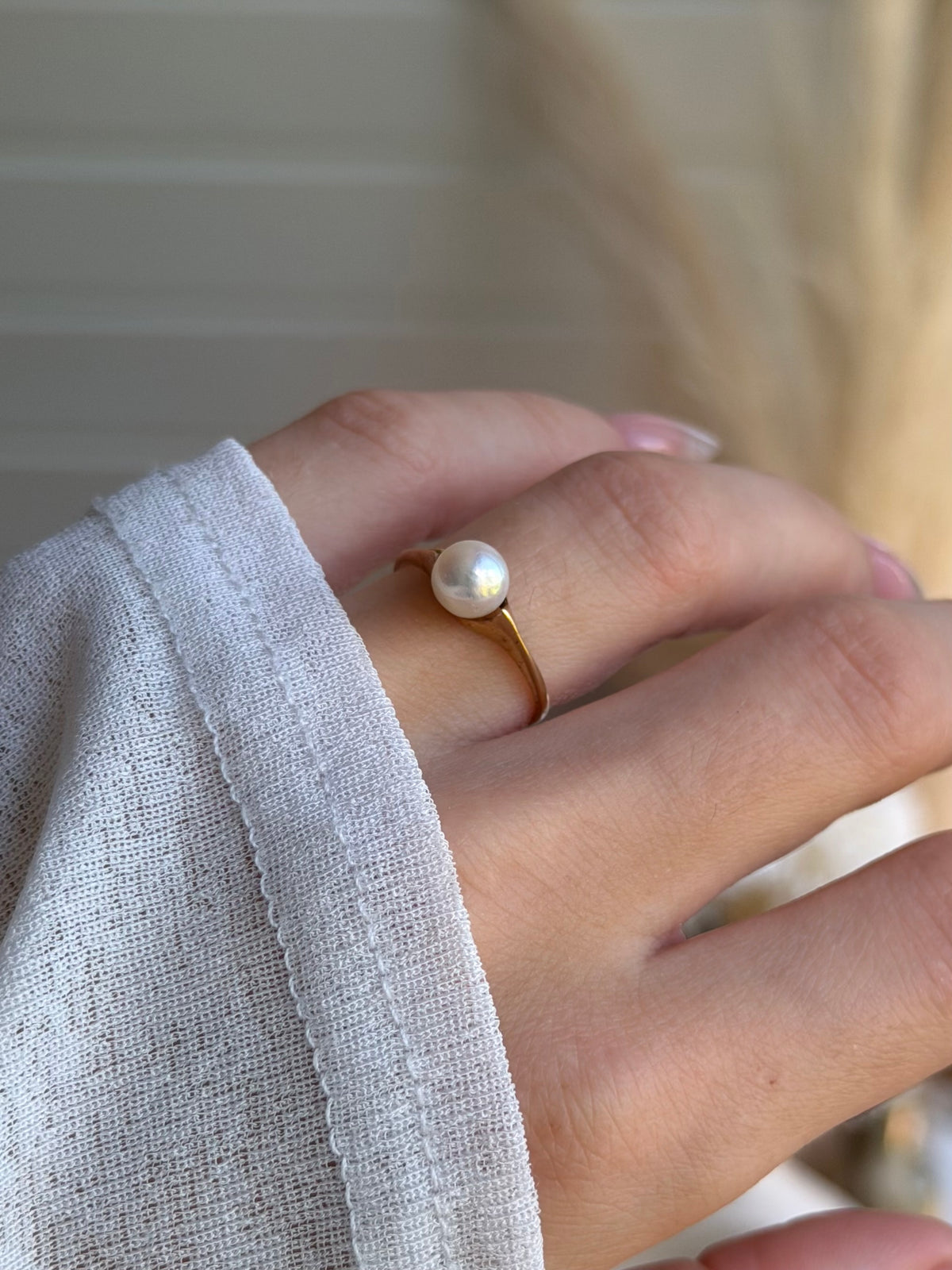 Vintage 14 krt. guldring med perle, str 51